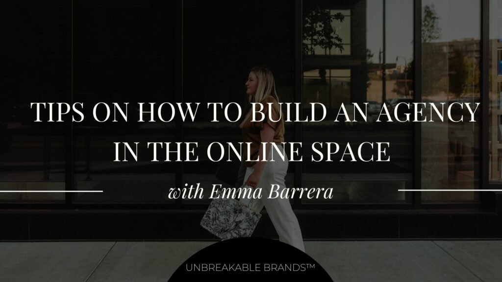 A woman walking in front of a glass storefront with text on top that reads "Tips on how to build an agency in the online space with Emma Barrera"